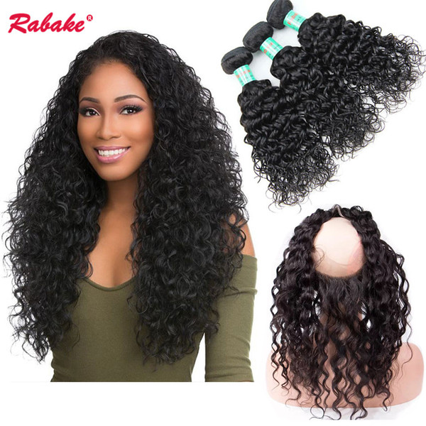 Rabake Closure Brazilian Water Wave Human Hair 360 Lace Frontal with Bundles Natural Black Virgin Hair Weave Extensions for Black Women