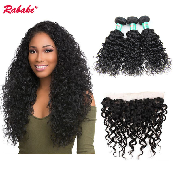 Raw Indian Water Wave Virgin Human Hair Bundles with Closure Frontal Rabake 8A Non Remy Natural Color Lace Frontal Closure with 3 Bundles