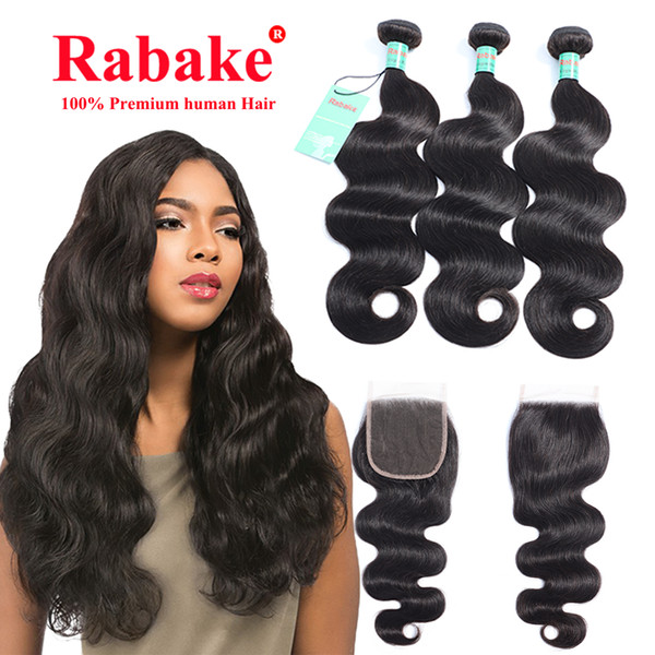 Rabake Human Hair Bundles with Closure 4x4 Swiss Lace Best Body Wave Unprocessed Human Hair Extensons Cheap Wholesalce Weaves Natural Color