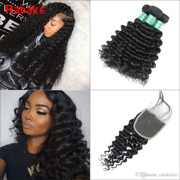 Malaysian Virgin Hair Bundles with Closure Deep Wave Rabake 8A Malaysian Unprocessed Virgin Human Hair Bundle Deals 4x4 Top Lace CLosures