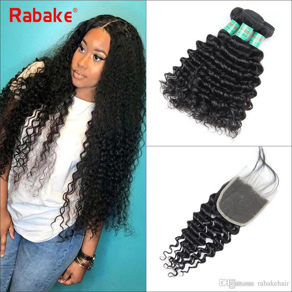 Deep Wave Peruvian Virgin Hair Bundles with Closure Rabake 8A Grade Peruvian Deep Wave Human Hair Extensions with Bleached Knots Top Closure