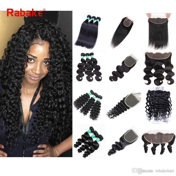 9A Grade Peruvian Human Hair Bundles with Frontal Closure Rabake 100 Cheveux Humains Lace Frontal Deep Wave 4x4 Virgin Hair Weaves Closure