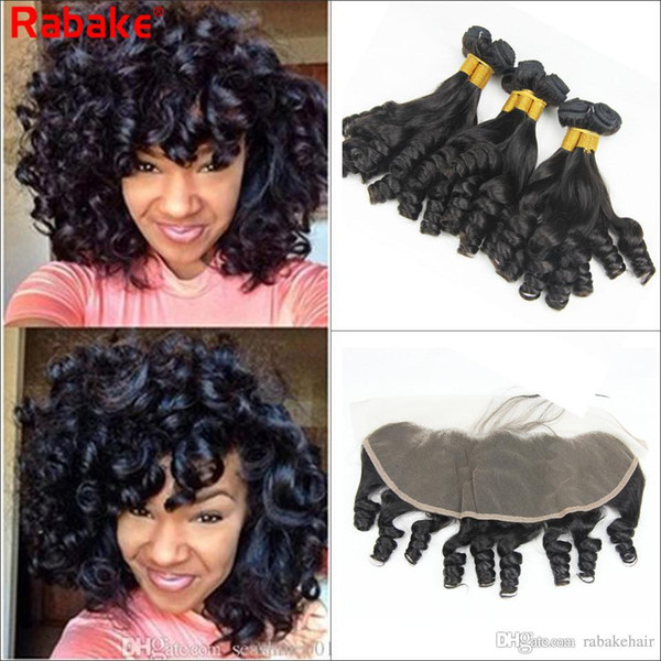 Rabake Malaysian Virgin Hair Bundles with Frontal Aunty Funmi Curl Bouncy Curl Malaysian Human Hair Extensions Bleached Knots Fronal Closure