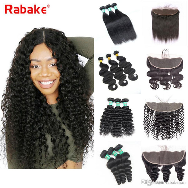 Rabake Lace Frontal with Bundles 4Pcs Brazilian Virgin Human Hair Bundles Loose Deep Wave Hair Extensions 13x4 Ear to Ear Weaves Closure