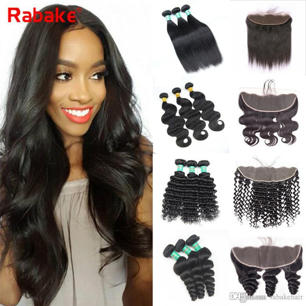 8A Peruvian Hair Weave Bundles with Frontal Rabake Body Wave Deep Wave Silky Straight 13x4 Ear to Ear Closure Virgin Human Hair Bundles