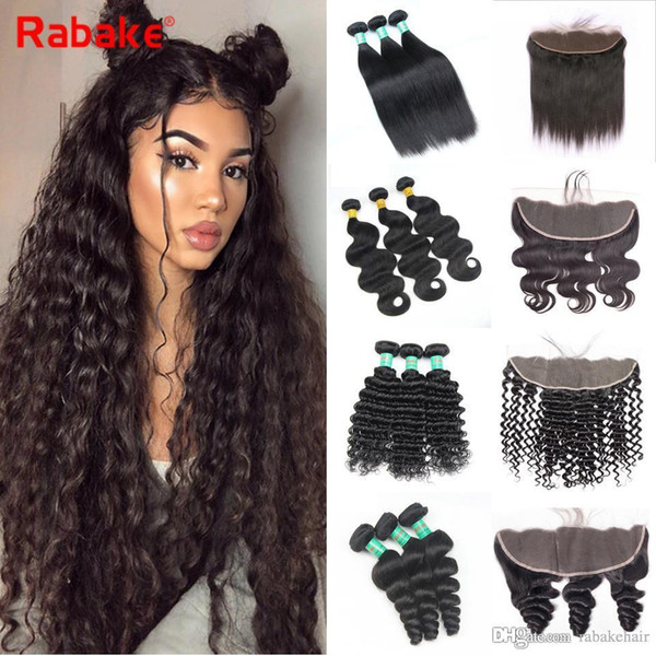 13x4 Ear to Ear Lace Closure Rabake Deep Wave Brazilian Unprocessed Virgin Hair Lace Frontal with Bundles Body Wave Loose Hair Extensions