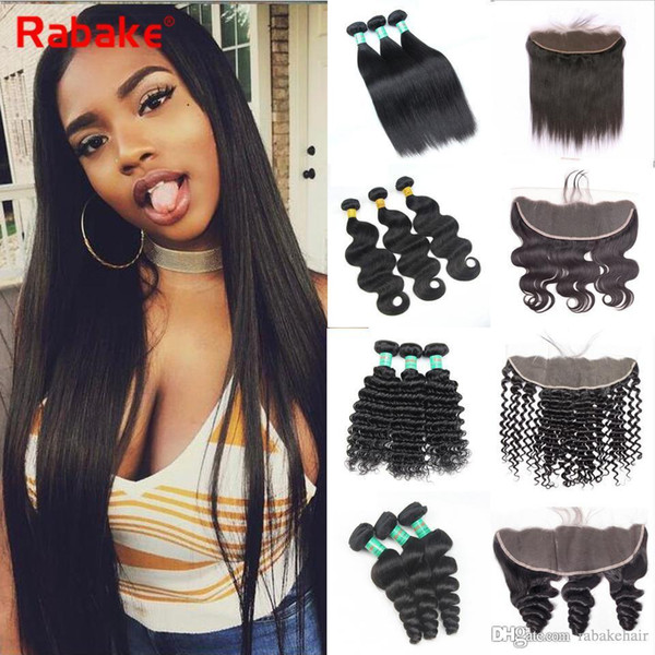 Brazilian Unprocessed Virgin Hair Bundles with Frontal Rabake 4Pcs Loose Deep Wave Body Wave Weave Hair Bundles 13x4 Ear to Ear Lace Closure