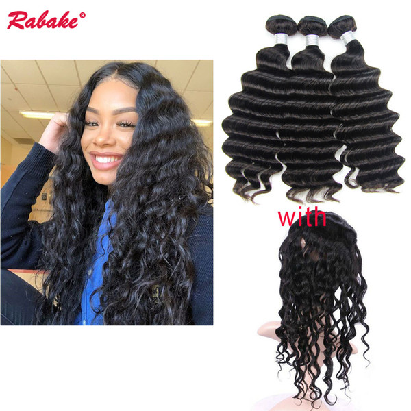 Brazilian 9A Unprocessed Remy 360 Frontal with Bundles Rabake Brazilian Loose Deep Wave Weave with Silk Base Closure 360 Frontal Fast Ship