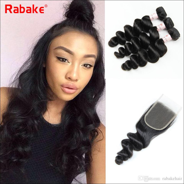 Brazilian Remy Loose Wave Human Hair Bundles with Closure Rabake Peruvian Raw Indian Malaysian Hair Extensions 4x4 Swiss Top Lace closure