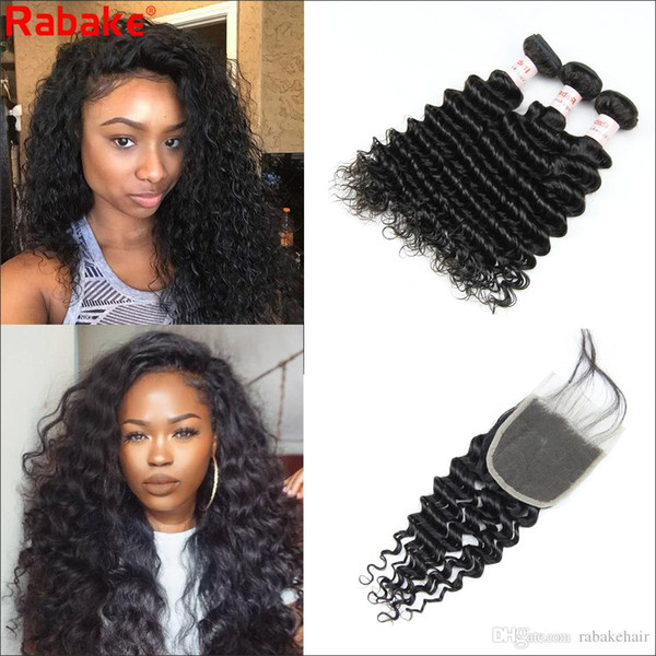 Brazilian Hair Remy Deep Wave Bundles with Closure Rabake 4x4 Swiss Top Lace Closure Brazilian Hair 3 Bundle with Closure Weave Extensions