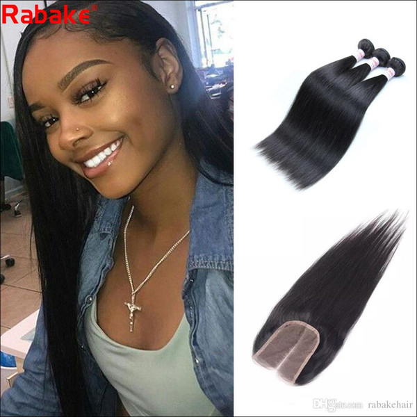 Straight Remy Human Hair Brazilian 3 Bundles with Closure Rabake Silky Straight Remy Hair Extensions Per I Capelli 4x4 Lace Weaves Closure