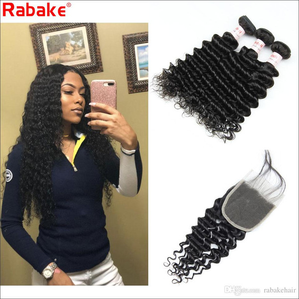 Remy Deep Wave Bundles with Closure Rabake Peruvian Deep Curly Hair Extensions 4x4 Swiss Top Lace Weaves Closure Cuticle Aligned hair Deal