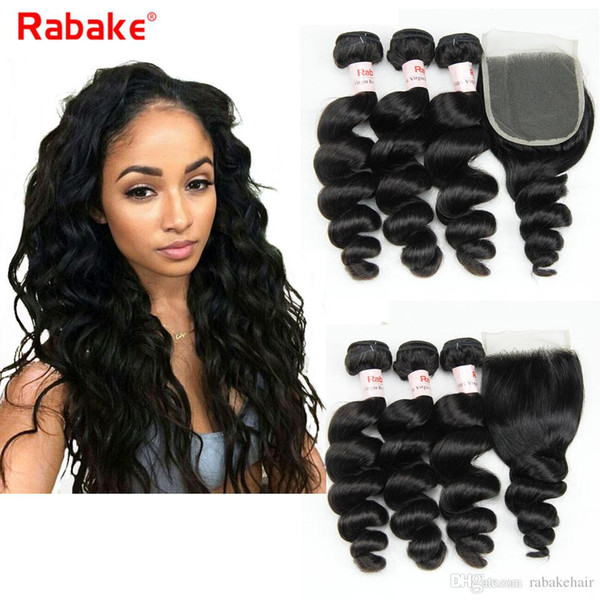 Peruvian Loose Wave Human Hair Bundles with Closure Rabake Brazilian Raw Indian Malaysian Loose Wave Hair Weave Extensions 4pcs Lace Closure