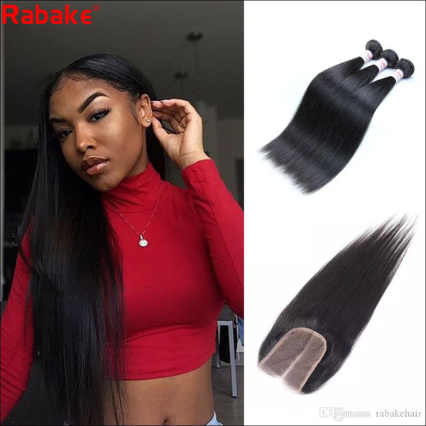 Straight Remy Human Hair Bundles with Closure Rabake Peruvian Cuticle Aligned Hair Extensions De Cabello 4x4 Swiss Top Lace Weave Closure