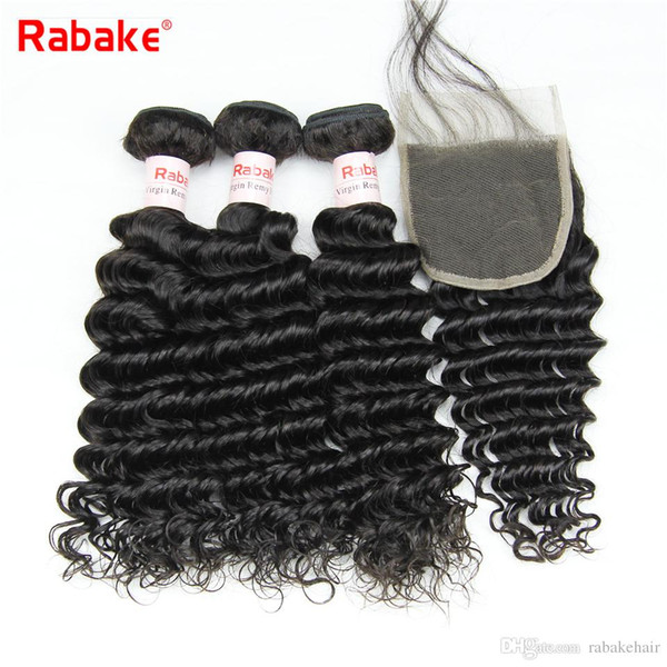 Cheap Remy Brazilian Human Hair Bundles with 4x4 Top Lace Closure Rabake Deep Wave Bundles with Closure Wet and Wavy Hair Weave Extensions