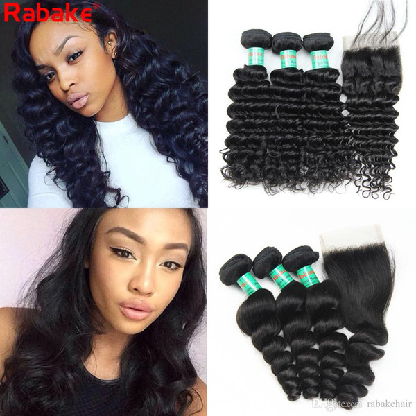 3 Deep Wave Bundles with Closure Loose Wave Brazilian Virgin Human Hair Weave Bundles with 4x4 Top lace Closure Rabake Wet Wavy Extensions