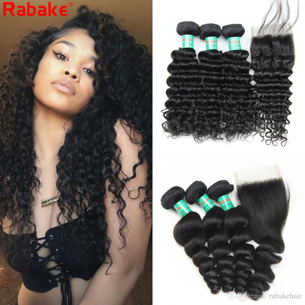 Deep Wave Loose Wave Brazilian Hair 3 Bundles with Closure Rabake 4x4 Top Lace Closure with Human Hair Bundles Virgin Hair Weave Extensions