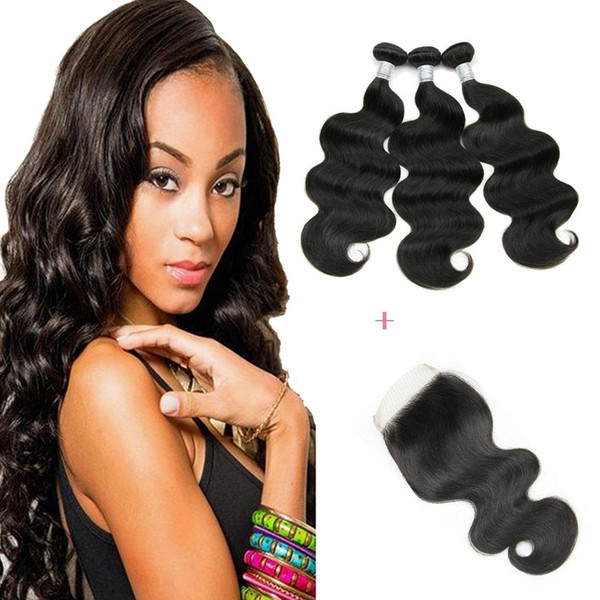 9A Rabake Brazilian Virgin Hair Body Wave 3 Bundles with Closure Natural Color 100% Unprocessed Human Hair Weave Weft with lace Closure