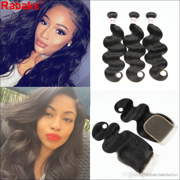 Brazilian Remy Body Wave Human Hair Bundles with Closure Rabake Peruvian Indian Malaysian 4x4 Swiss Top Lace Weaves Closure Hair Extensions