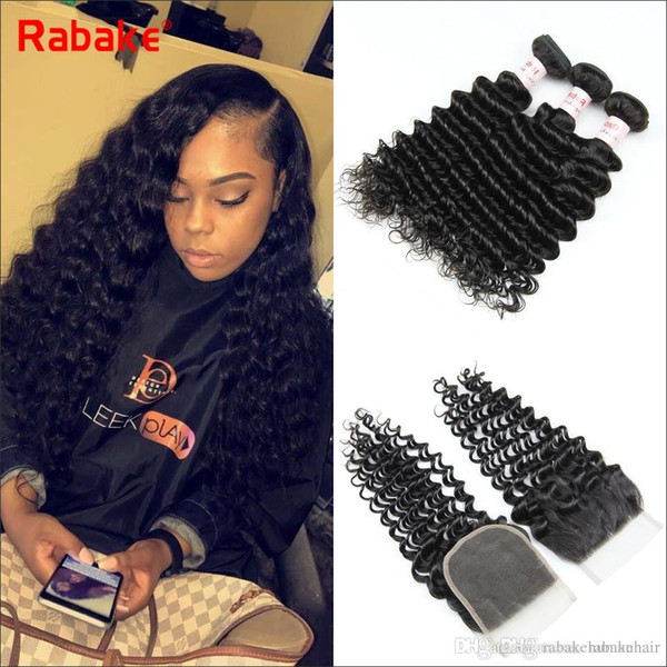 10A Brazilian Remy Deep Wave Human Hair Bundles with Closure 4x4 Top Lace Closure Peruvian Indian Malaysian Cuticle Aligned Hair Extensions