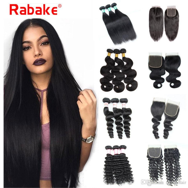 Human Hair Bundles with Closure Rabake Peruvian Malaysian Brazilian Virgin Hair Weave Body Wave Straight Deep Wave Bundles with Closure