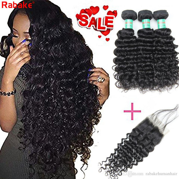 Brazilian Deep Wave Hair Bundles with Closure 100% Unprocessed Brazilian Virgin Human Hair Weave 3 Bundles with 4x4 Lace Closure Big Deals