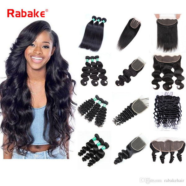 Human Hair Bundles with Closure 13*4 Lace Frontal Bundles Rabake 8A Brazilian Straight Virgin Hair Extensions 4*4 Body Wave Lace Closure