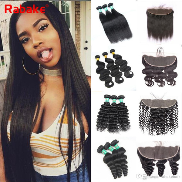 Brazilian Unprocessed Virgin Hair Bundles with Frontal Rabake 4Pcs Loose Deep Wave Body Wave Weave Hair Bundles 13*4 Ear to Ear Lace Closure