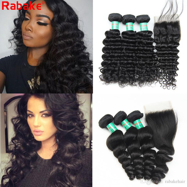 3 Human Hair Bundles with 4X4 Top Lace Closure Deep Wave Loose Wave Brazilian Virgin Human Hair Weave Extensions Fast Wholesale