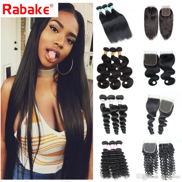 Human Hair Bundles with Closure Rabake Brazilian Malaysian India Peruvian Straight Body Loose Deep Wave Bundles with 4*4 Lace Closure