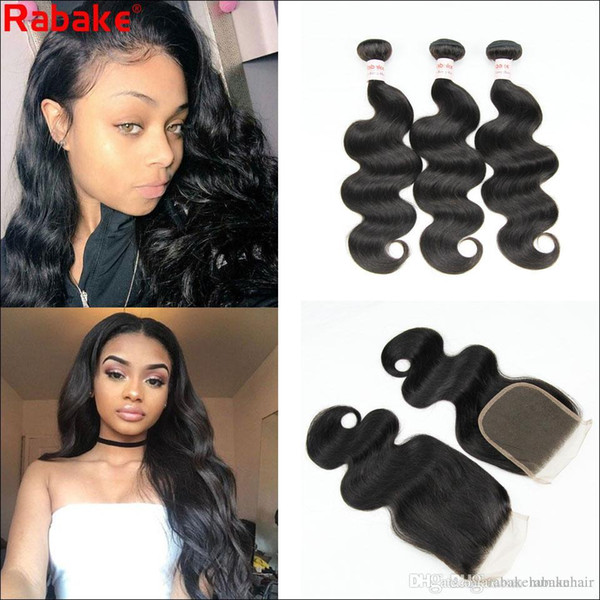 Body Wave Remy Human Hair Bundles with Closure Rabake Peruvian Hair Weave Extensions 10A Quality 4x4 Swiss Top Lace Closure Fast 