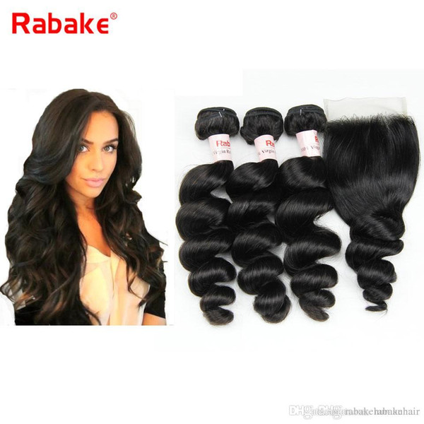 9A Brazilian Loose Wave Remy Human Hair Bundles with Closure Rabake Hair Extensions Silk Lace Closure Middle Free Three Part Cheap Wholesale