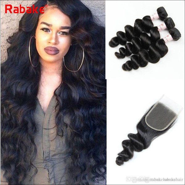 Loose Wave Remy Brazilian Hair 3 Bundles with Closure Rabake Brazilian Cuticle Aligned Human Hair Weave Extensions 4x4 Swiss Lace Closure