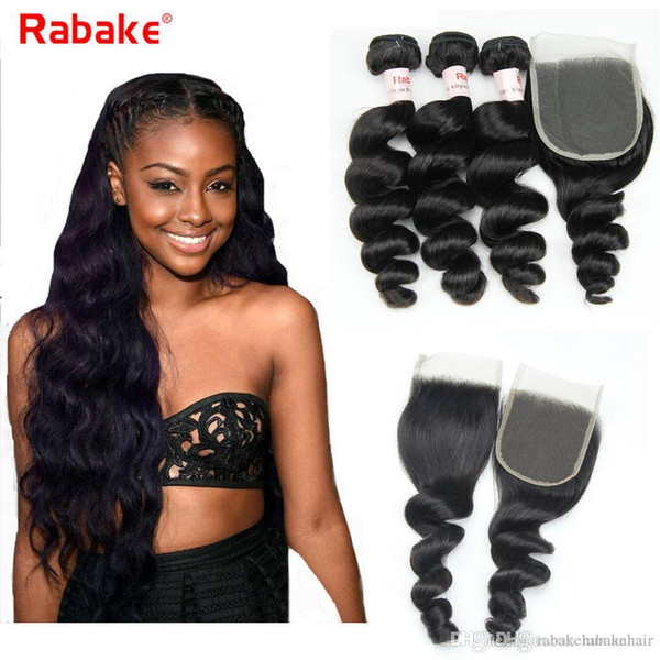 Remy Brazilian Loose Wave Human Hair Bundles with Top Lace Closure 1B Rabake 9A Brazilian Cuticle Aligned Hair Wefts Silk Lace Closure Wave