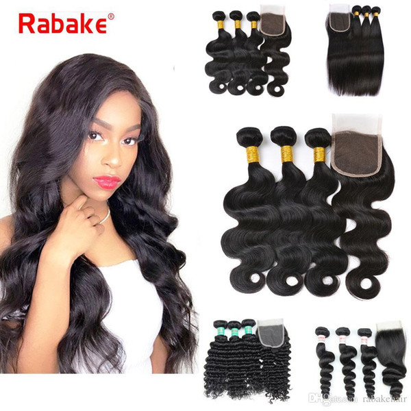 Malaysian Deep Wave Bundles with Closure Rabake Raw Indian Virgin Hair 3 Bundles Silky Straight Body Wave Human Hair Weave with Closure