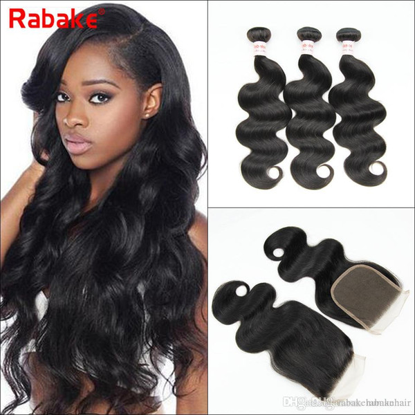 Malaysian Remy Body Wave Human Hair Bundles with Closure Rabake Human Hair Weave Extensions 4x4 Swiss Silk Top Lace Closure Wet and Wavy