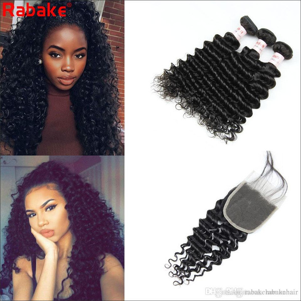 Unprocessed Deep Wave 100 Human Hair Bundle with Closure Rabake Malaysian Remy Deep Curly Hair Extensions 4x4 Lace Weaves Closure for Women