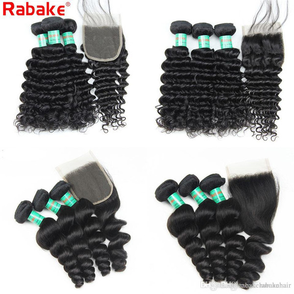 Brazilian Virgin Human Hair Deep Wave Loose Wave Bundles With Closure 8-28 inch Rabake Grade 8A Human Hair Weave Extensions for Black Women