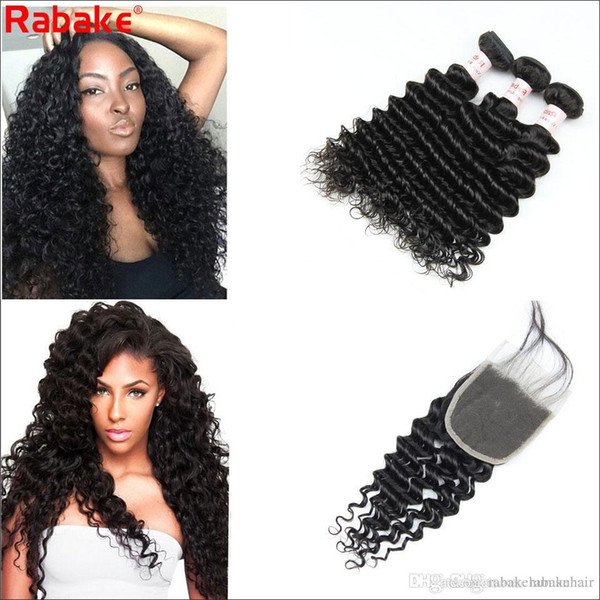 Remy Raw Indian Deep Wave Human Hair Bundles with 4x4 Top Lace Closure Rabake Indian Unprocessed Wet and Wavy Remy Hair Extensions Wholesale