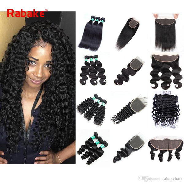 9A Grade Peruvian Human Hair Bundles with Frontal Closure Rabake 100 Cheveux Humains Lace Frontal Deep Wave 4*4 Virgin Hair Weaves Closure