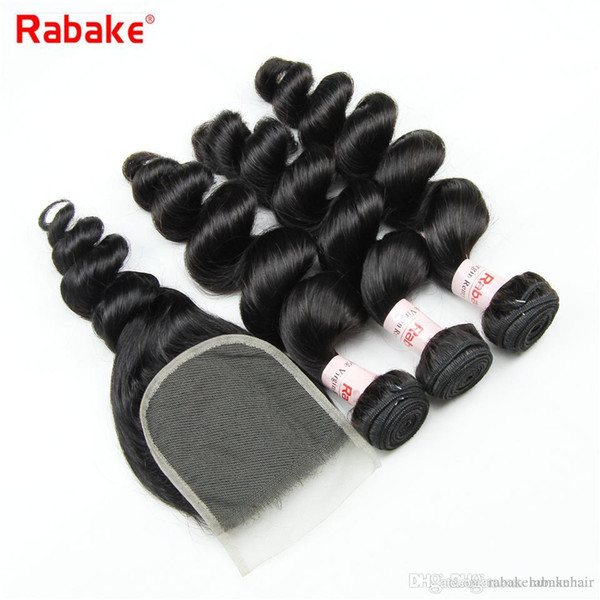 Loose Wave Remy Human Hair Bundles with Silk Base Closure Rabake Cuticle Aligned Hair Weave Extensions 4x4 Swiss Top Lace Closure Hair 1B