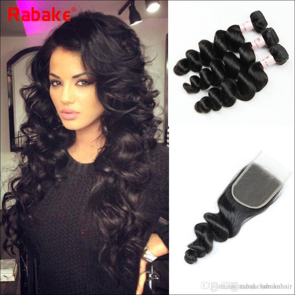 Loose Wave Raw Indian Remy Human Hair Bundles with Closure Rabake 4x4 Swiss Lace Closures with Baby Hair 9A Grade Remy Hair Extensions