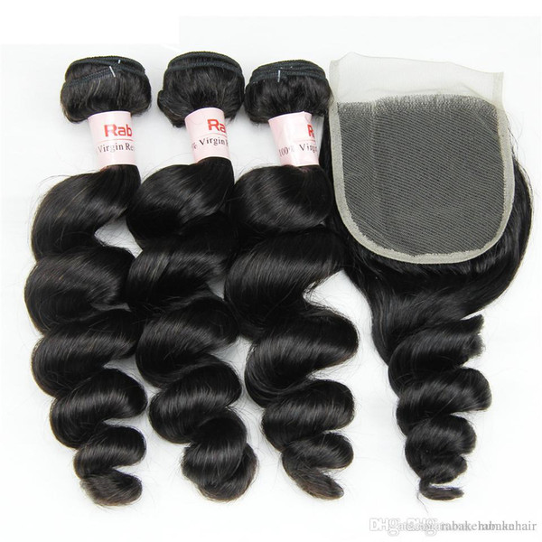 Loose Wave Remy Human Hair Bundles with Closure Rabake Remy Hair Extensions Peruvian Loose Wave Hair 4pcs 3 Bundles with 4x4 Lace Closure