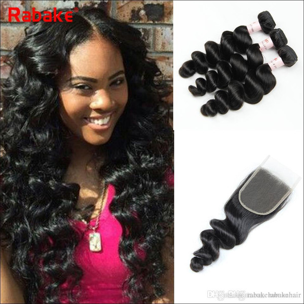 Malaysian Remy Human Hair Bundles with Closure Rabake 4x4 Loose Wave Silk Base Closure Cuticle Aligned Remy Wet Wavy Hair Extensions Deal