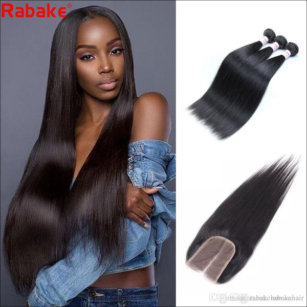 Raw Indian Human Hair Bundles with 4x4 Top Lace Weaves Closure Rabake Remy Silky Straight Cuticle Aligned Human Hair Weave Extensions Bulk