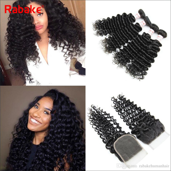 9A Malaysian Deep wave Human Remy Hair Bundles with 4x4 Top lace Closure 100% Virgin Human Hair bundles with Beached Konts lace closure