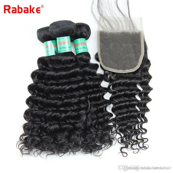 Rabake 8A Quality Brazilian Deep Wave Virgin Human Hair Weave Bundles with 4x4 Top Lace Closures Sew in Hair Weave Bundles with Closure