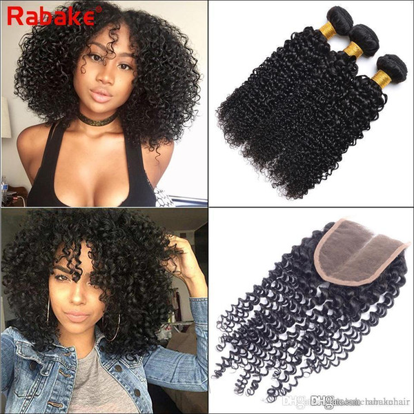 Brazilian Virgin Hair Weave Bundles With Lace Closure 4*4 Swiss Top Lace Kinky Curly Human Hair Extensions Wholesale Cheap Price Rabake Hair