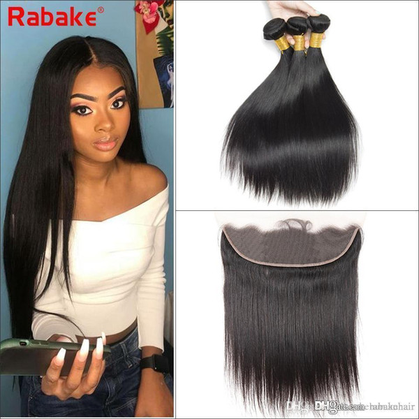 Rabake 3Pcs Indian Virgin Hair Straight With Lace Frontal 4Pcs Lot Straight Virgin Hair Lace Frontal Closure With Bundles 100% Human Hair