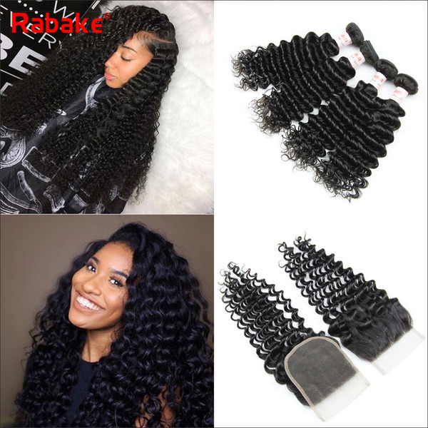 Peruvian Deep wave 9A Remy Hair Bundles with 4x4 Top lace Closure 100% Virgin Human Hair cuticle aligned DHL wholesale cheap